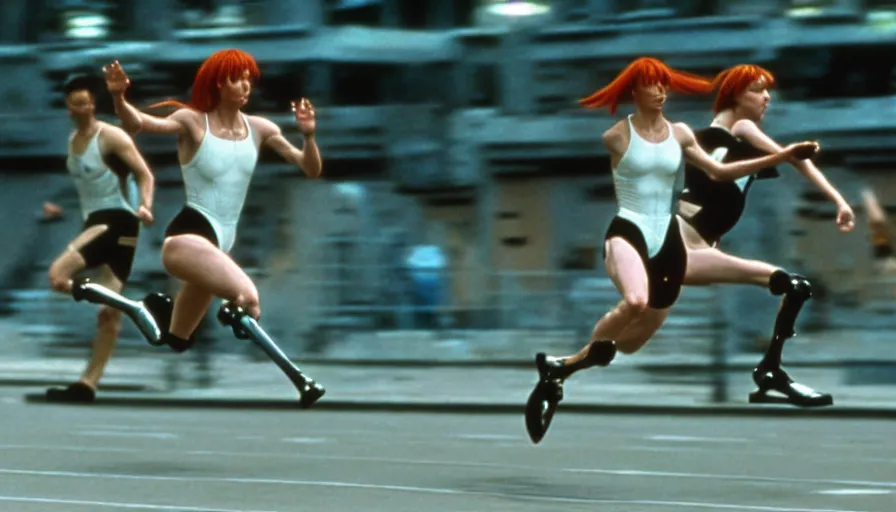 Image similar to The matrix, LeeLoo, Starship Troopers, Clarice Starling, 1960'Olympics footage, hurdlers in a race with robotic legs, intense moment, cinematic stillframe, shot by Roger Deakins, The fifth element, vintage robotics, formula 1, starring Geena Davis, clean lighting