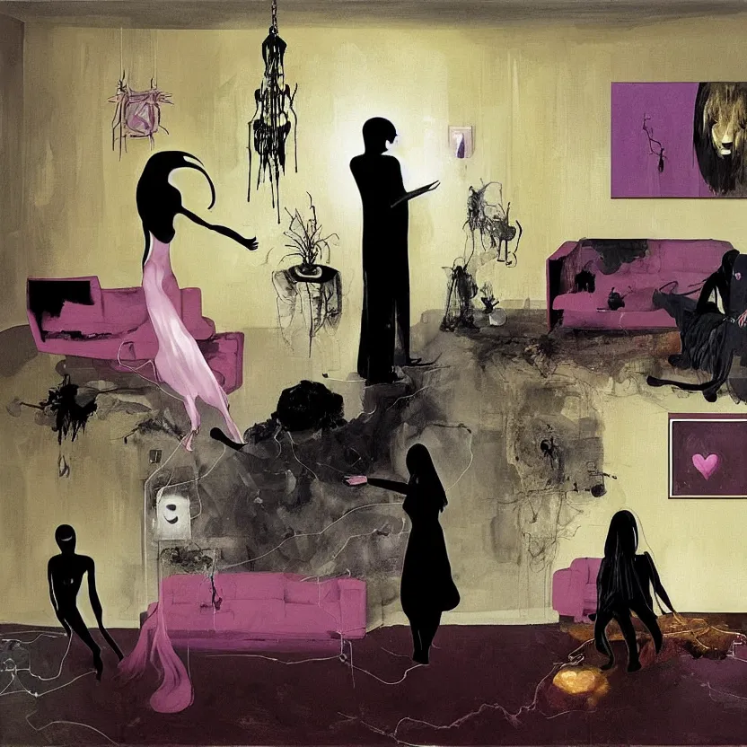 Image similar to Man and woman feeling love in the living room of a house, floating dark energy surrounds the middle of the room. There is one plant to the side of the room, surrounded by a background of dark cyber mystic alchemical transmutation heavenless realm, cover artwork by genieve figgis and francis bacon and Jenny seville, midnight hour, part by adrian ghenie, part by jeffrey smith, part by josan gonzales, part by norman rockwell, part by phil hale, part by kim dorland, artstation, highly detailed
