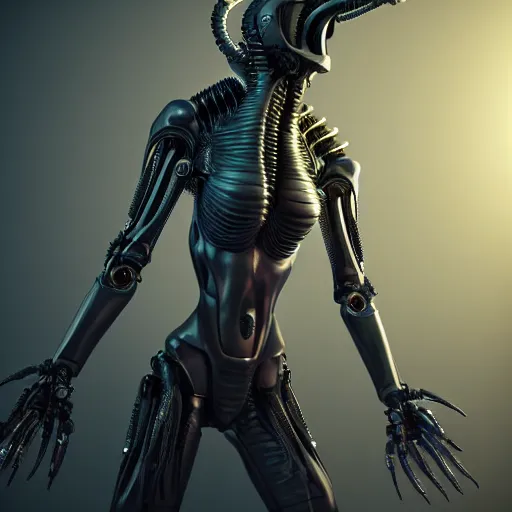 Image similar to futuristic cyberpunk alien xenomorh queen robot concept, highly detailed, photorealistic portrait, bright studio setting, studio lighting, crisp quality and light reflections, unreal engine 5 quality render