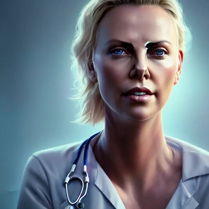 Image similar to portrait of charlize theron as a nurse. intricate abstract. intricate artwork. by tooth wu, wlop, beeple, dan mumford. octane render, trending on artstation, greg rutkowski very coherent symmetrical artwork. cinematic, hyper realism, high detail, octane render, 8 k, iridescent accents