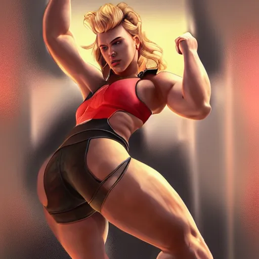 Image similar to scarlett johansson as thick muscular weightlifter zarya from overwatch, highly detailed, digital painting, artstation, sharp focus, illustration, art by tan zi and ayanamikodon, artgerm and alphonse mucha and wlop