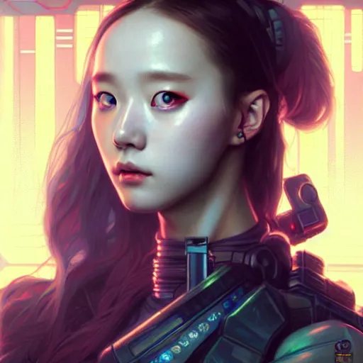 Image similar to portrait painting of cyberpunk chuu from loona as a happy mercenary, ultra realistic, concept art, intricate details, eerie, highly detailed, photorealistic, octane render, 8 k, unreal engine. art by artgerm and greg rutkowski and magali villeneuve and alphonse mucha