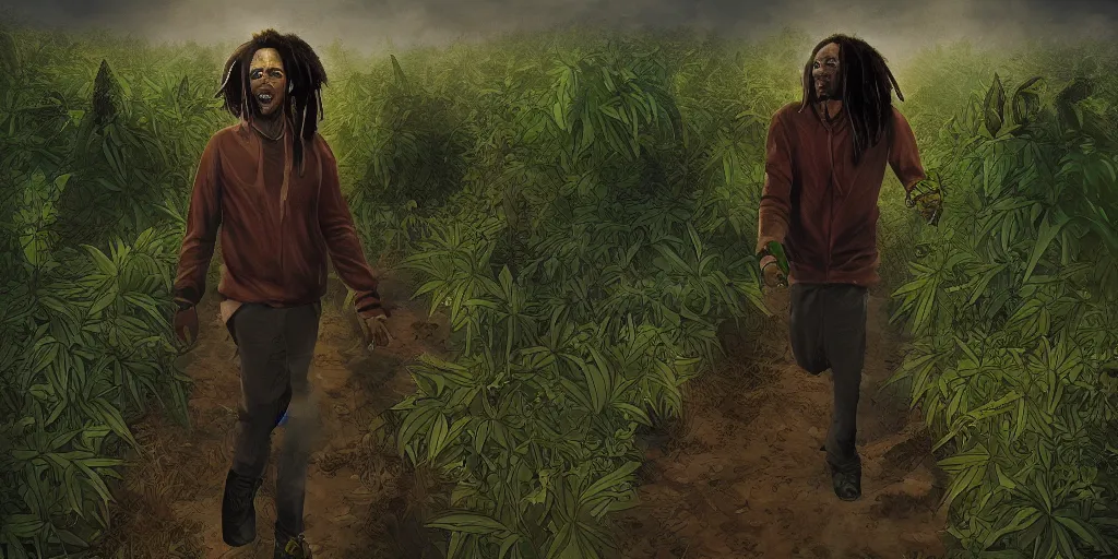 Image similar to bob marley walking though an infinite weed farm digital art, artstation, ultra detailed, beautiful aesthetic art