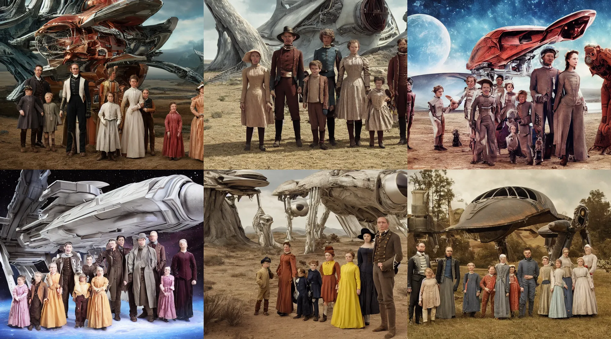 Prompt: sharp, still from a sci fi blockbuster color movie made in 2022, set in 1860, of a family standing in front of a spaceship that has just landed on an alien planet, a humanoid alien creature stands nearby, the family are all wearing 1850s era clothes, 4k, in focus, extremely good quality lighting, good quality photography, A list cast, famous actors, famous actresses, oscar winner