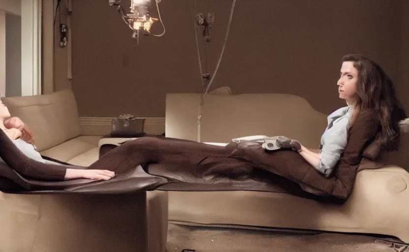 Image similar to an ocotopus waiting on the couch for the phychiatrist to come in, still from the movie her