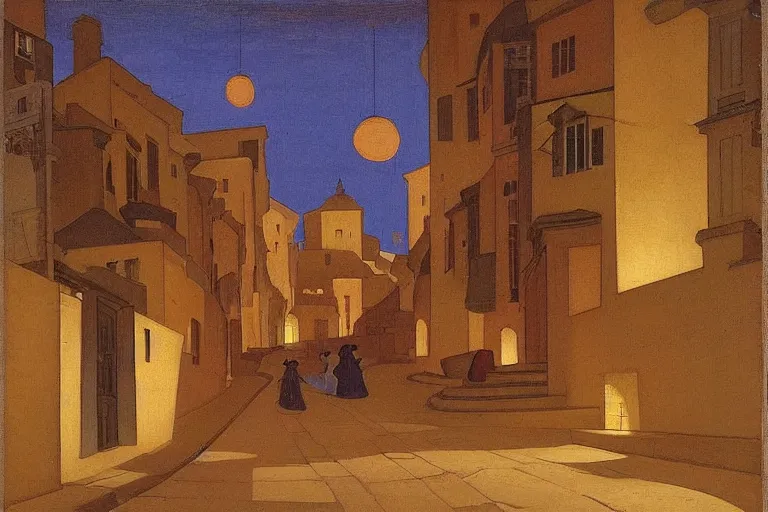 Prompt: winding street at midnight in a very old very beautiful city by George Price Boyce and Nicholas Roerich and William Dyce, glowing paper lanterns, strong dramatic cinematic lighting , ornate tiled architecture, lost civilizations, smooth, sharp focus, extremely detailed