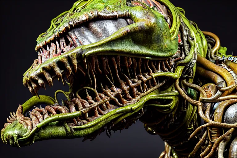 Prompt: wide angle photo taken of an epic intricate, ultra detailed, super realistic gritty, hero prop, exquisitely weathered animatronic movie prop of a lifelike sculpture of a wet, slimy nightmarish hellish alien creature displayed in the workshop, created by weta workshop, full body shot, photorealistic, sharp focus