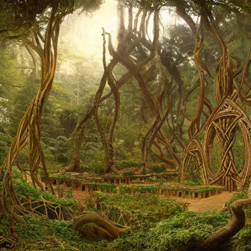 Prompt: a beautiful and highly detailed matte painting of a wooden elven temple in a magical fantasy garden in a lush forest, celtic knots, ancient runes, knotted trees, tangled vines, intricate details, epic scale, insanely complex, 8 k, sharp focus, hyperrealism, very realistic, by caspar friedrich, albert bierstadt, james gurney, brian froud