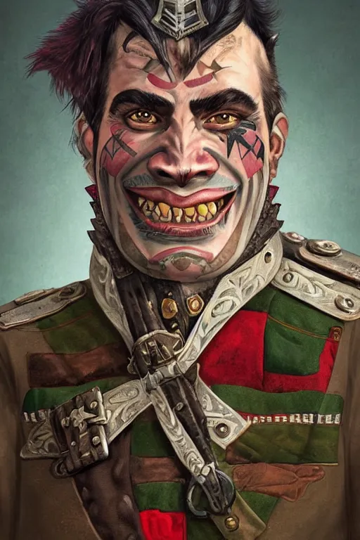 Image similar to 1 9 th century style portrait of a half orc with a bemused fanged smile on his face. dressed in a patchwork military uniform jacket with cut sleeves, runic arm tattoos, sharp focus, illustration, digital painting, art by magali villeneuve