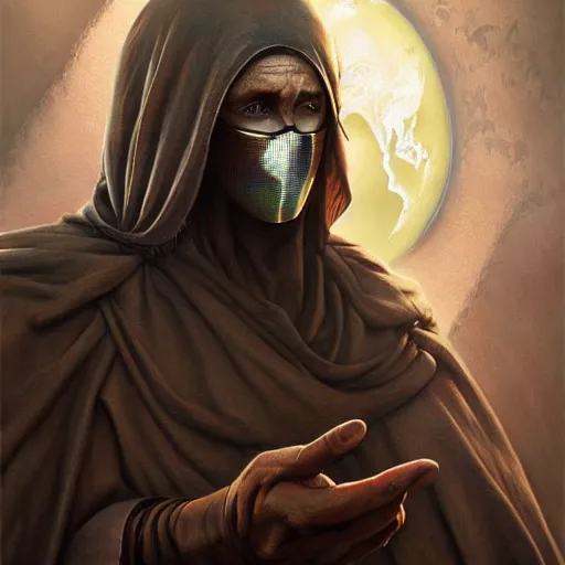 Image similar to masked nomad male wearing a cloak on and holding a holographic planet projection in his hand, detailed, sci - fi, digital painting, artstation, sharp focus, illustration, ominous, artgerm, tomasz alen kopera, peter mohrbacher, donato giancola, joseph christian leyendecker, wlop, frank frazetta