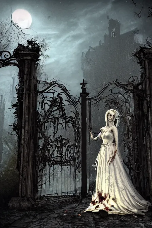 Image similar to a zombie bride with flowing dress and veil at the ornate gate of a decrepit house, night, mist, smoke, scary, spooky, dramatic lighting, moody, style of stephen jones, bernie wrightson, derek riggs, virgil finlay, fantasy, horror, octane render 8 k