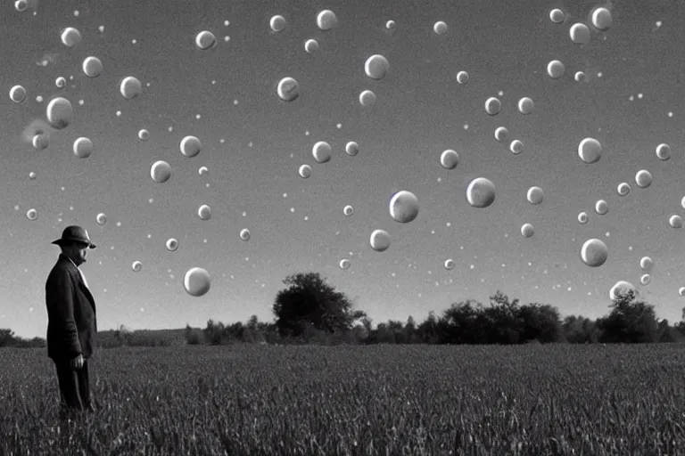 Prompt: an old man in a field looking at multiverse bubbles in the sky, scene from a stanley kubrick movie