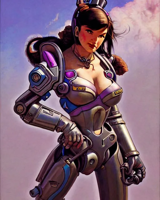 Prompt: d. va from overwatch, heavey metal magazine cover, character portrait, portrait, close up, concept art, intricate details, highly detailed, in the style of frank frazetta, esteban maroto, richard corben, pepe moreno, matt howarth, stefano tamburini, tanino liberatore, luis royo and alex ebel