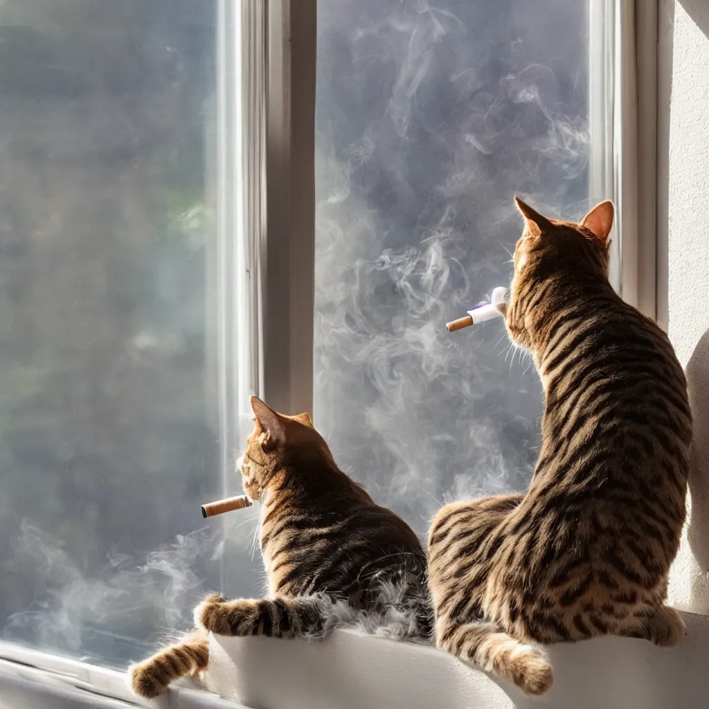 Prompt: a cat sitting on the window sill smoking a cigarette with the sun shining through