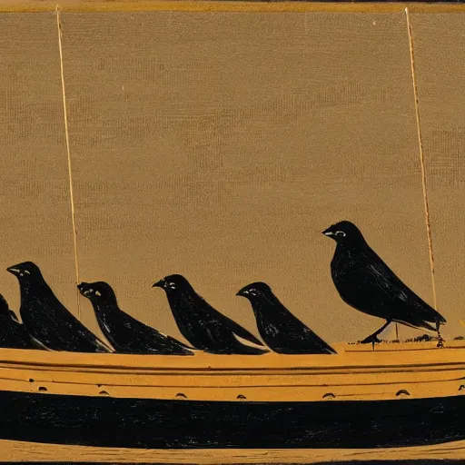 Image similar to a black bird standing at the helm of a wooden rowboat filled with people sailing towards a ancient sailboat