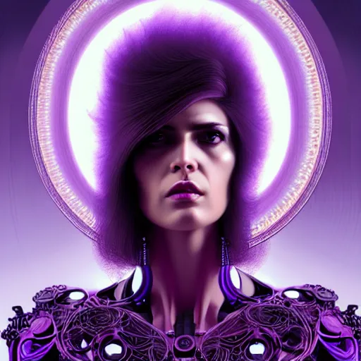 Image similar to woman with extremely large and intricate haircut with angry purple eyes and slim features looking askance, eye cyberpunk bionics, retro futurist style, intricate, elegant gleaming intricate baroque jewelry, angelic halo, highly detailed, digital painting, artstation, concept art, smooth, sharp focus, illustration, art by wlop, mars ravelo and greg rutkowski,