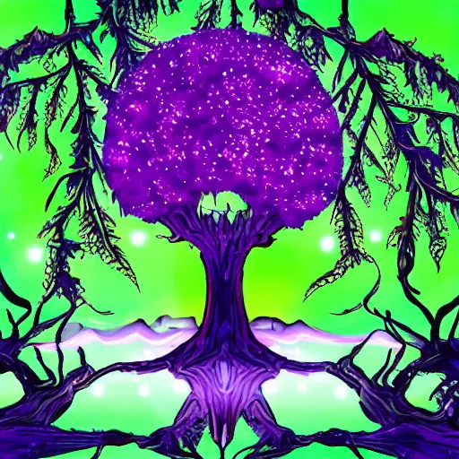 Image similar to a crazy alien tree with purple leaves and glowing green crystal fruit, cinematic, realistic cartoon