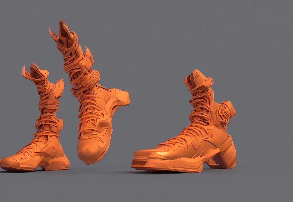 Prompt: one futuristic high - top sneaker with neon illuminated soles on a grey surface, soft orange laces, clean 3 d render, beautiful studio lighting, soft, sharp focus, cyberpunk, intricate detail, gold filigree, soft rubber, octane render, trending on artstation, deviantart, art by iris van herpen and syd mead and android jones