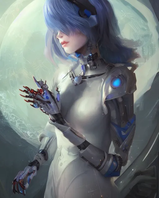 Image similar to holy cyborg necromancer girl, elegant, scifi, futuristic, utopia, garden, illustration, atmosphere, top lighting, blue eyes, white hair, focused, artstation, highly detailed, art by yuhong ding and chengwei pan and serafleur and ina wong