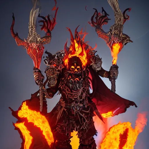 Image similar to ragnaros the firelord wielding burning skull as a mask full body 8 k