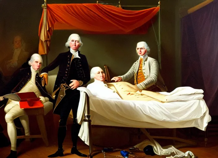 Image similar to oil painting Life of George Washington Deathbed but everyone is looking at glowing iPhones