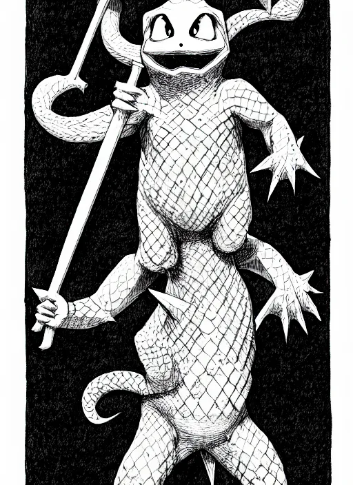 Image similar to charmander as a d & d monster, full body, pen - and - ink illustration, etching, by russ nicholson, david a trampier, larry elmore, 1 9 8 1, hq scan, intricate details, stylized border