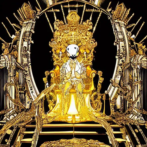 Image similar to manga of a shining majestic throne made of millions of diamonds, gold and zaphires with thousands of light reflections, and a clown on a tuxedo suit is sitting on the throne while handing a golden balloon, dramatic light