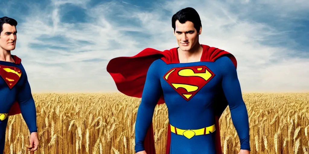 Image similar to superman is cutting wheat in a wheat field