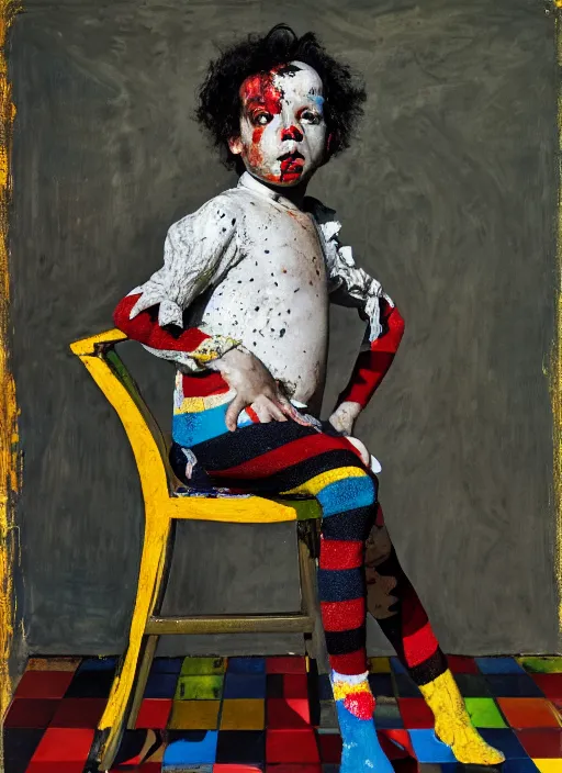 Image similar to portrait of a child harlequin sitting on a stool, by vincent lefevre and hernan bas and pat steir and hilma af klint, psychological, photorealistic, symmetrical face, dripping paint, washy brush, threads, rendered in octane, altermodern, masterpiece