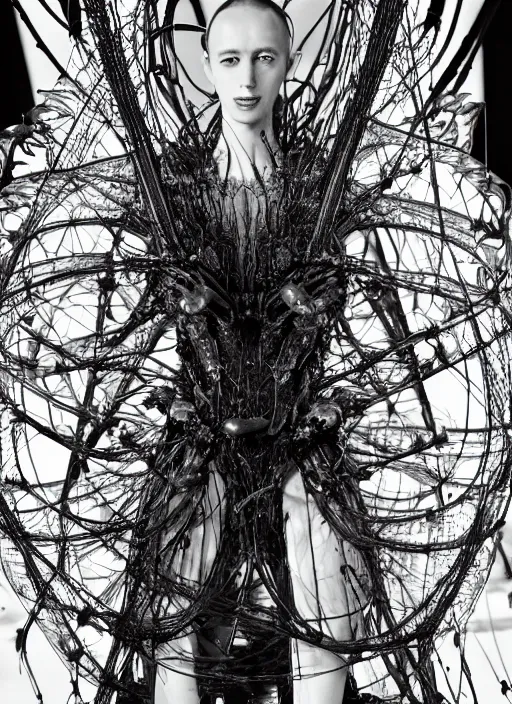 Image similar to walking down the catwalk, ben watts, show, stage, vogue photo, podium, fashion show photo, historical baroque dress dark, iris van herpen, beautiful woman, masterpiece, intricate, biopunk, vogue, full body shot, alien, plant predator, guyver, jellyfish, white biomechanical details, highly detailed