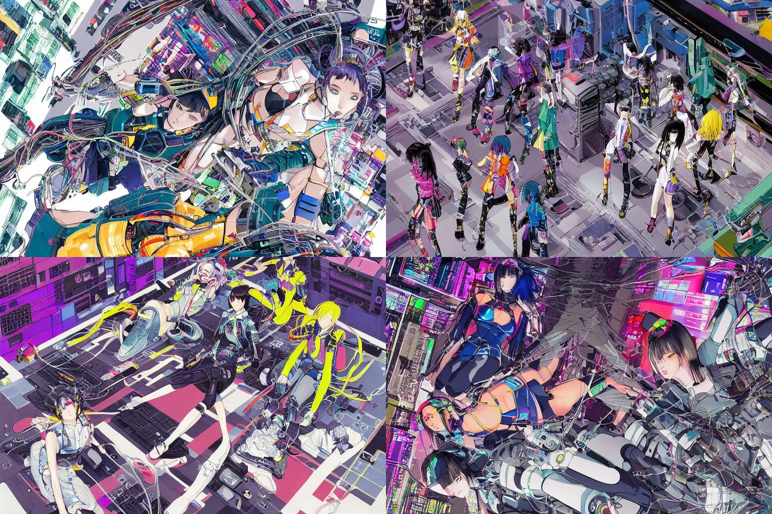 Prompt: a cyberpunk illustration of a group of four super-coherent colorful female androids dressed in seifuku in style of masamune shirow, lying scattered across an empty, white floor with their bodies rotated in different poses and cables and wires coming out, by yukito kishiro and katsuhiro otomo, hyper-detailed, intricate, bird view