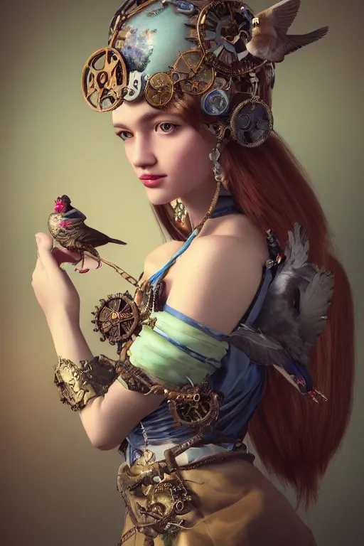 Image similar to zoom in 3 d render of english princess holding birds, ornaments, steampunk, mucha vibe, dieselpunk, solarpunk, artstation, andrei riabovitchev