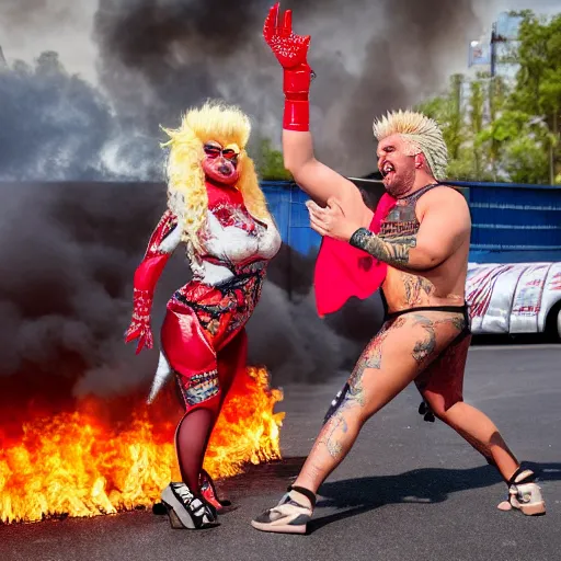 Prompt: guy fieri wrestling a drag queen in a parking lot, bystanders cheering, car on fire in the background, action, high resolution photograph, 4 k,