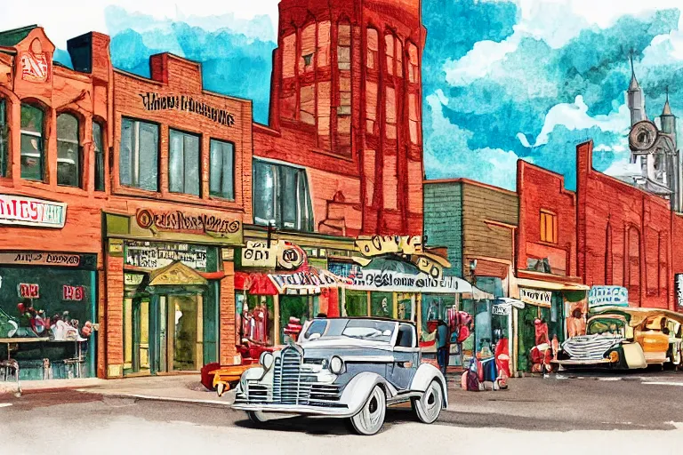 Image similar to a whimsical storybook illustration of a small town main street from the 1 9 5 0 s with a line of brick buildings with business signs over the doors and some late 1 9 5 0 s cars on the road in front of the buildings and one 1 9 3 0 model a hot rod, lowbrow pop art style watercolor