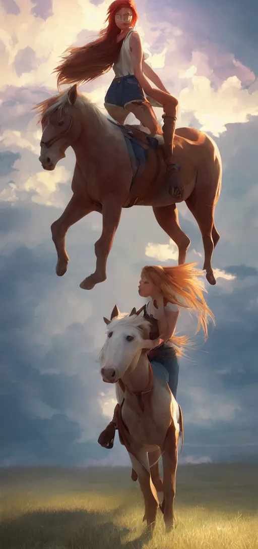 Prompt: southern ginger woman in ripped overalls riding a horse with a white mane, airbrushed, hazy, gentle, soft lighting, wojtek fus, by makoto shinkai and ilya kuvshinov,