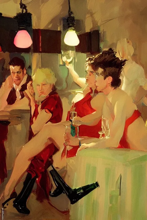 Image similar to glam rockers drinking wine, inside a tiny green room with red lights by joaquin sorolla, greg rutkowski, bill sienckiwicz, extremely detailed