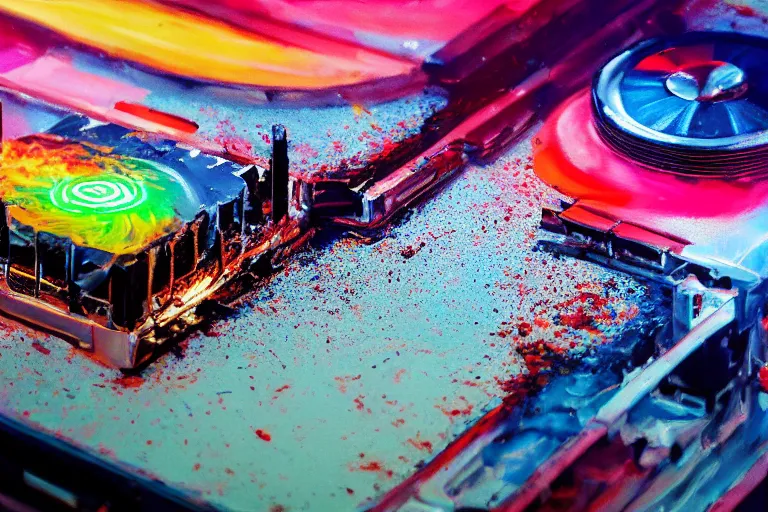 Prompt: a painting by Wayne Thiebaud of an Nvidia GeForce RTX 3090 GPU that has caught on fire, GeForce RTX 3090 on fire, cooling, high specs, ethereal!!!!!!!, by Wayne Thiebaud, neon gradient, nvidia promotional image, GPU fire, GPU fire, GPU fire, GPU fire, GPU fire, GPU fire