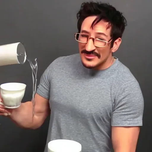 Prompt: markiplier drinking milk, spilling everywhere, overconsumption