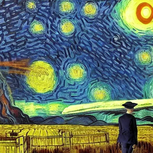 Image similar to tardis from doctor who exploding in the middle of the universe, matte painting, by van gogh