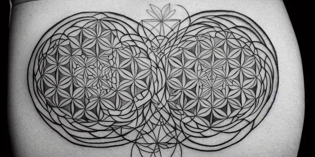 Image similar to sacred geometry tattoo design, flower of life, sri yantra, dotwork, design, tattoo, 8 k