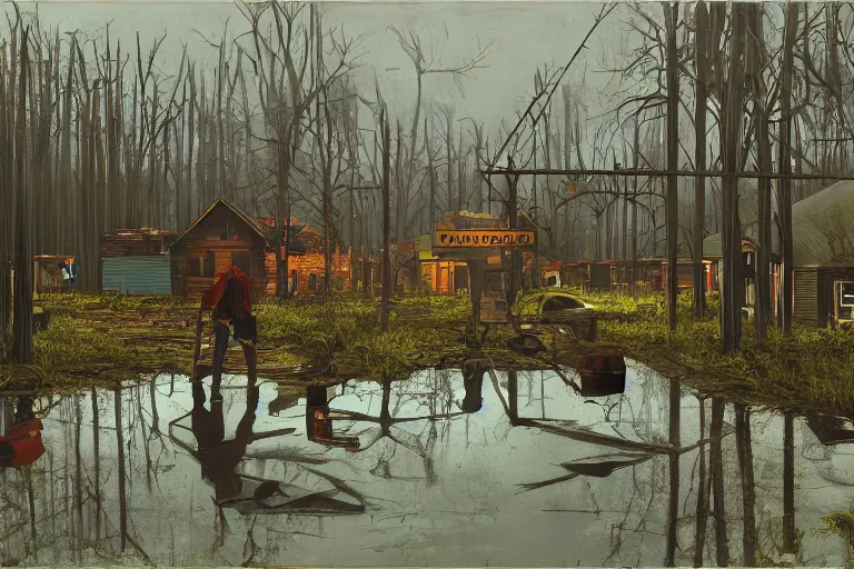 Image similar to scene from louisiana swamps, old protestant church with neon cross, junkyard by the road, boy scout troop, voodoo artwork by tim eitel