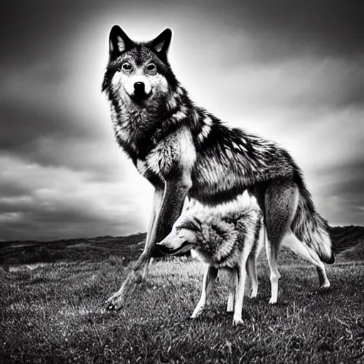 Prompt: an wolf + man + hybrid, animal photography