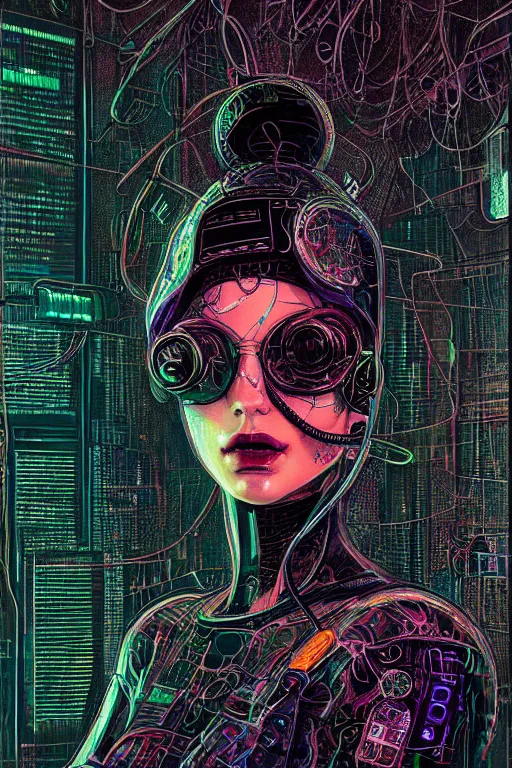 Image similar to dreamy cyberpunk girl, abstract black leather, digital nodes, beautiful woman, detailed acrylic, grunge, intricate complexity, by dan mumford and by alberto giacometti, peter lindbergh