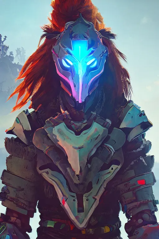 Image similar to combination suit armor aloy horizon forbidden west horizon zero dawn radiating a glowing aura global illumination ray tracing hdr fanart arstation by ian pesty and alena aenami artworks in 4 k tribal robot ninja mask helmet backpack