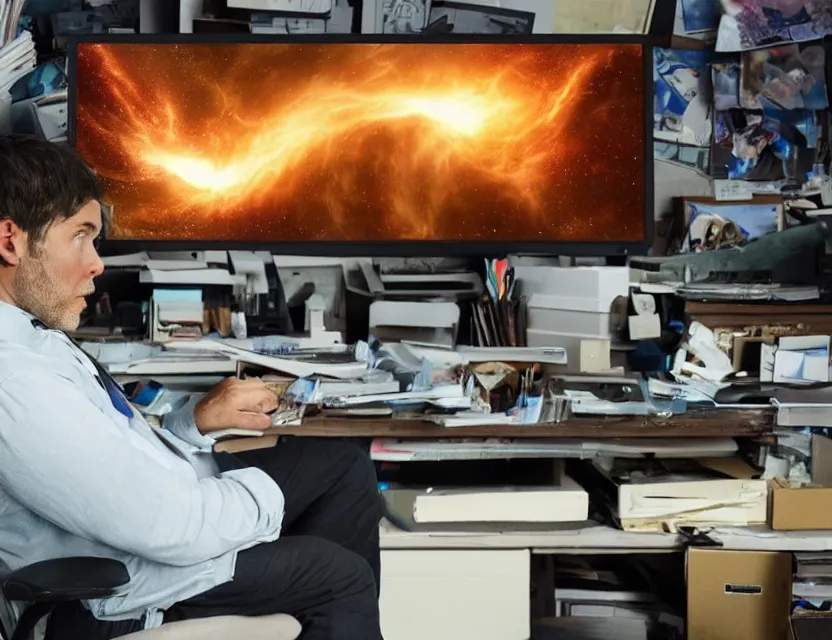 Image similar to a high resolution photo of a sad man in a messy office room with many screens photoshopping his own face while watching the collapse of the entire universe live stream on a vintage computer screen, storm, fire, earthquake, debris,