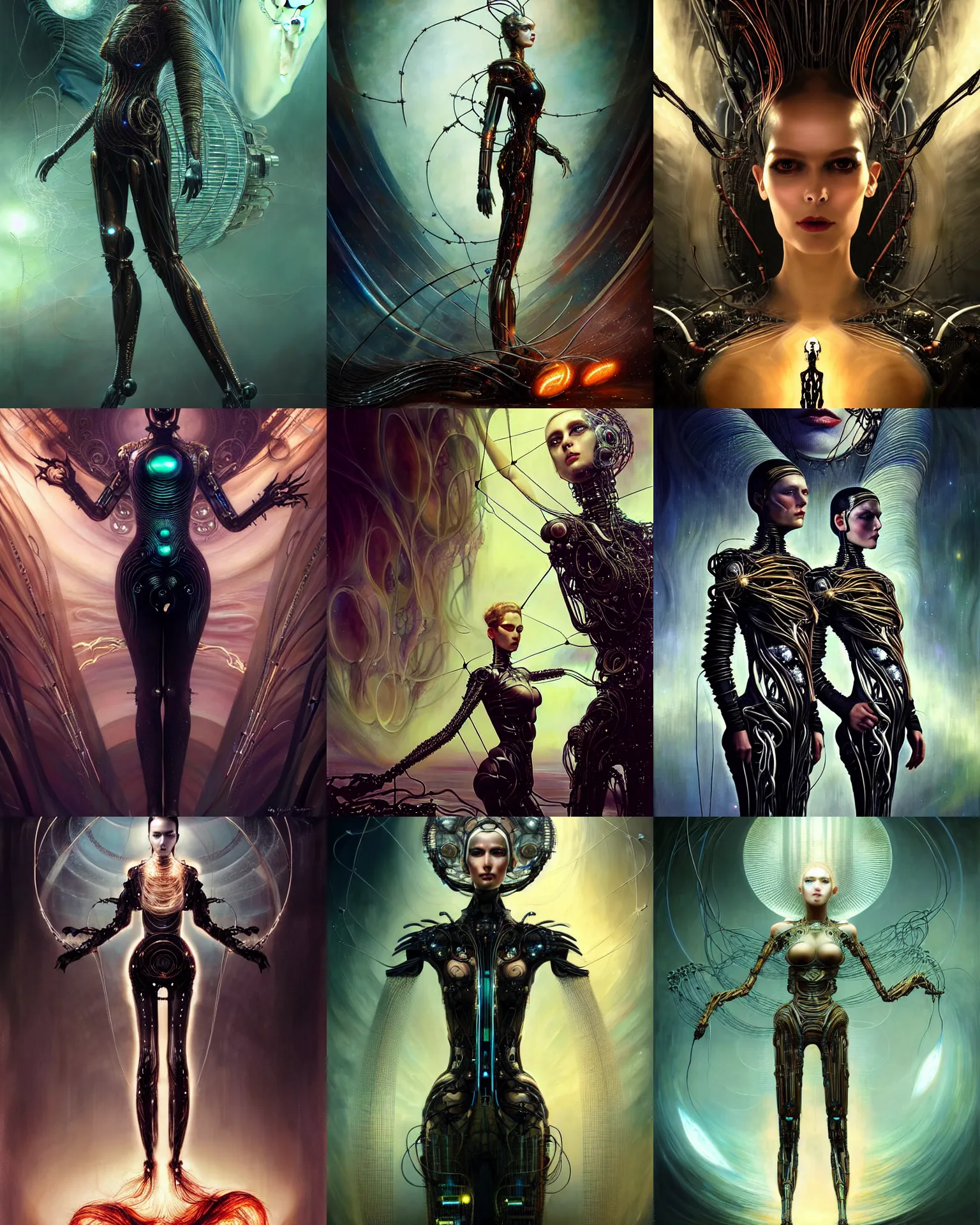 Image similar to karol bak and tom bagshaw and lecouffe - deharme full body character portrait of the borg queen of sentient parasitic flowing ai, floating in a powerful zen state, supermodel, beautiful and ominous, wearing combination of mecha and bodysuit made of wires and fractal ceramic, circuitry corrupting nature in the background, artstation scifi character render