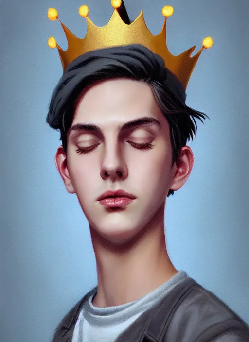 Image similar to portrait of teenage jughead jones wearing a light grey crown, crown, hamburger background, eyes closed, crown, black hair, intricate, elegant, glowing lights, warm lighting, highly detailed, digital painting, artstation, concept art, smooth, sharp focus, illustration, art by wlop, mars ravelo and greg rutkowski