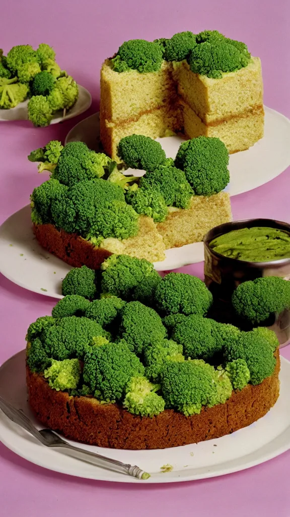 Prompt: 7 0 s food photography of a cake made out of broccoli and farts