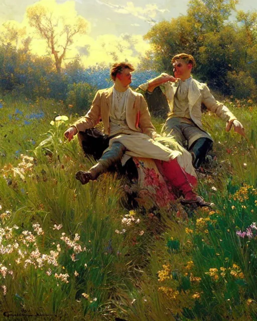 Prompt: handsome men reminisce about the end of spring in a field of bright flowers, cool colors, hard angles, painting by gaston bussiere, craig mullins, j. c. leyendecker