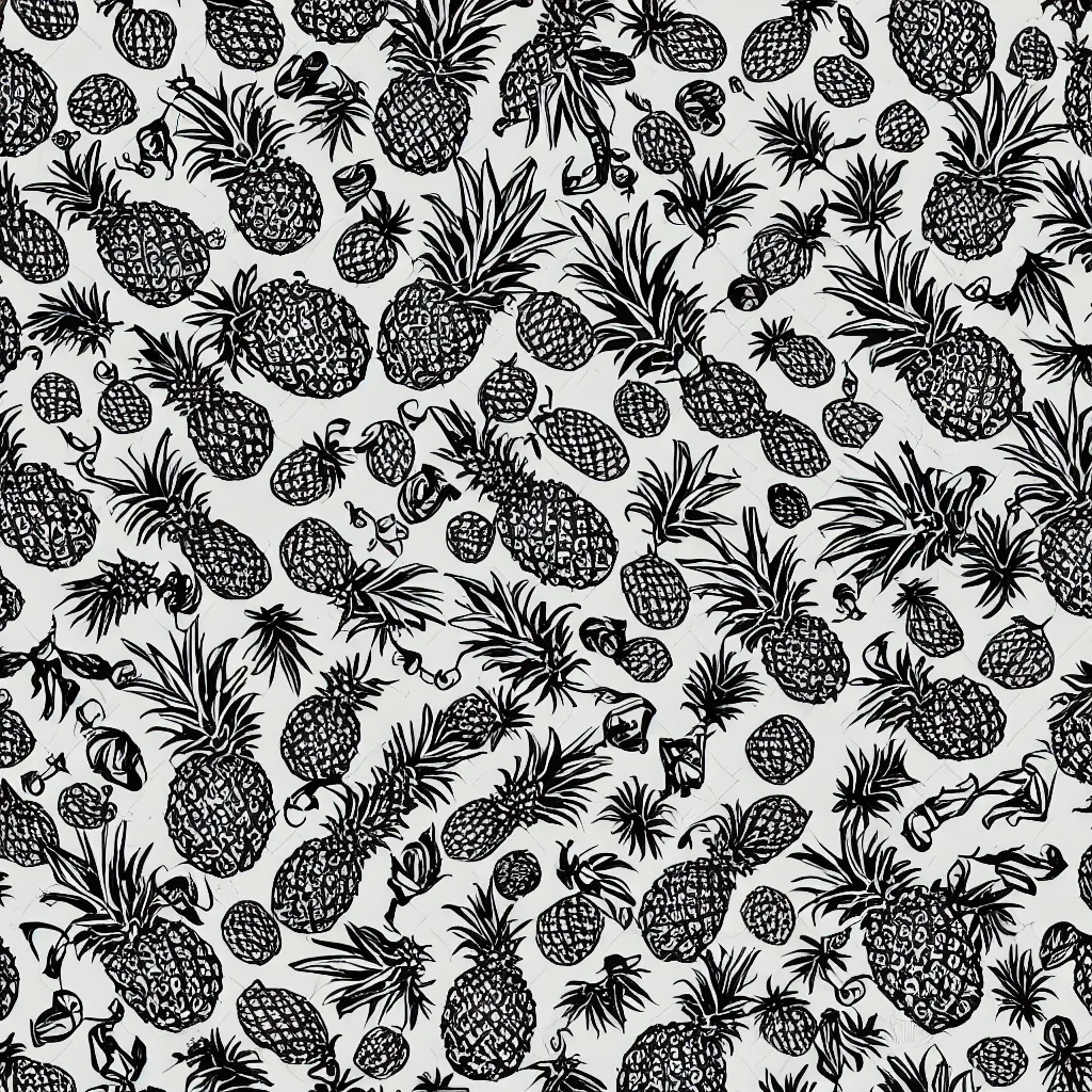 Image similar to seamless pattern parots and pineapples. black and white, drawing, white background, seamless, ornament.